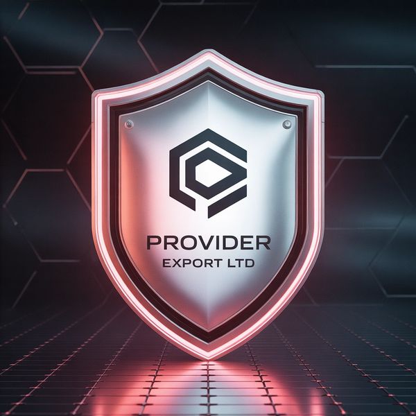A glowing shield emblem with the text 'Provider Export Ltd' on a dark hexagonal background.