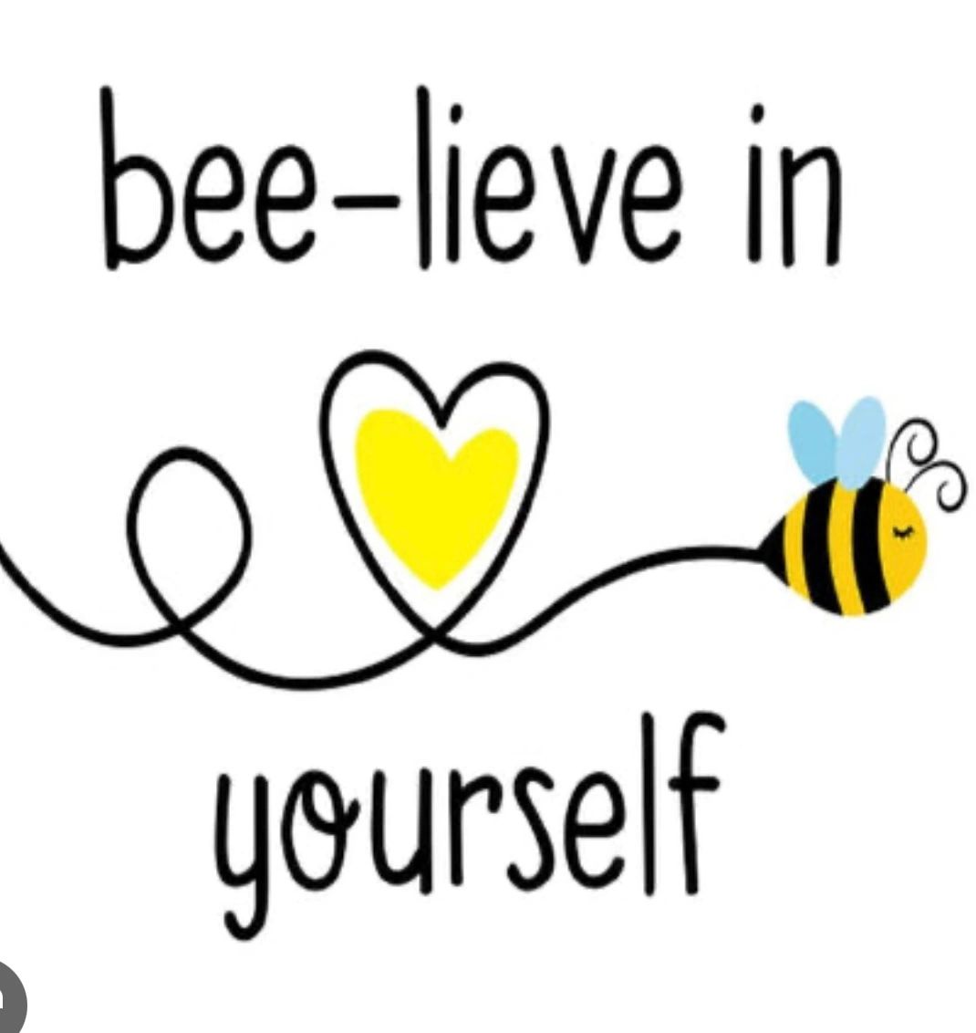 Bumblebee buzzing by in the center with BEE – LIEVE, in yourself written above and below the bumbleb
