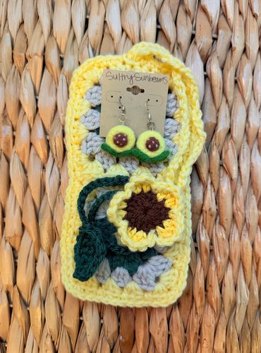 Gift set of crochet sunglasses holder, sunflower earrings, and sunflower bookmark.
