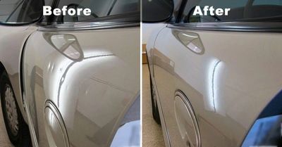A image of before and after hail damage repair on a white car done at Hail Inc auto body hail repair