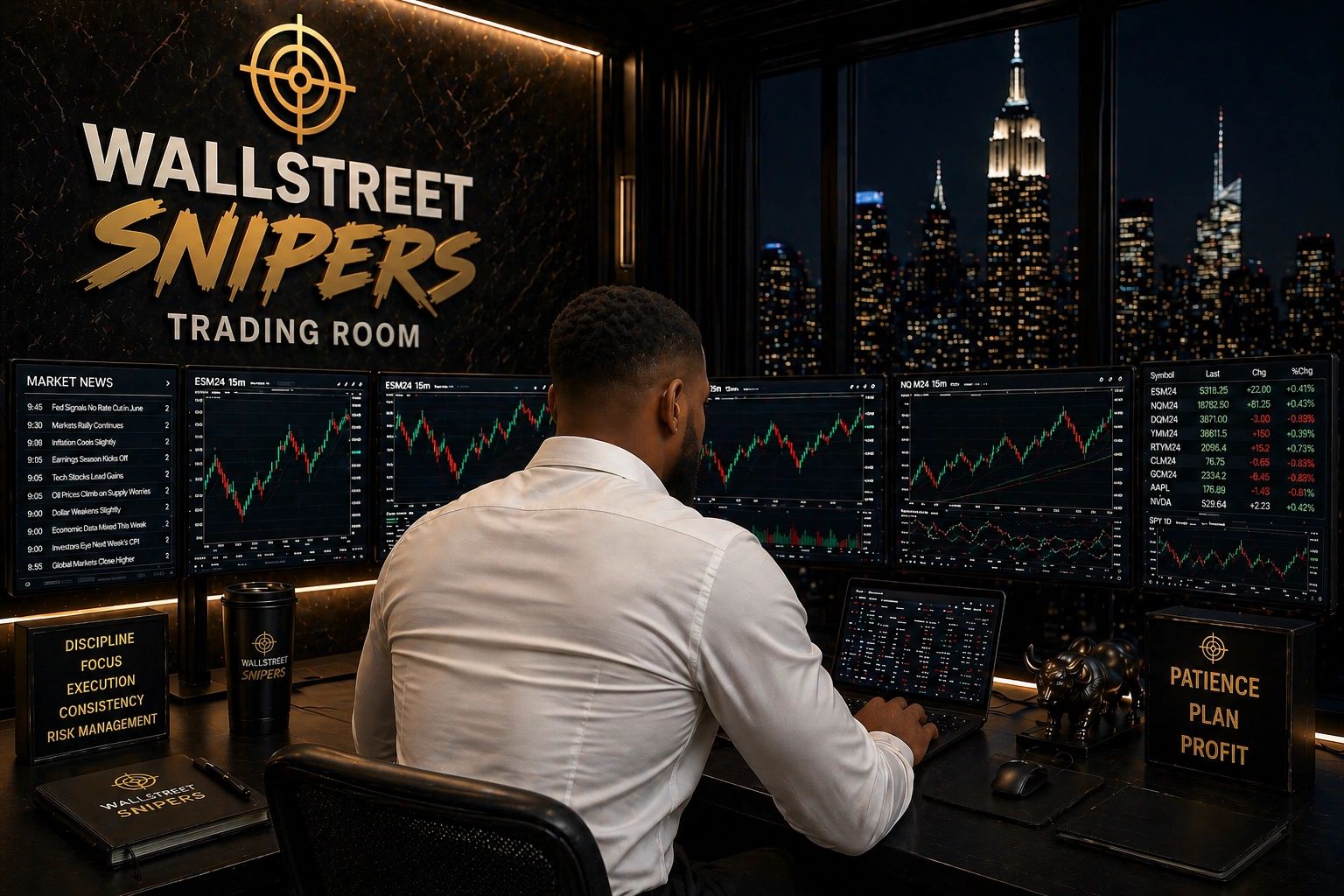 Trader working at WallStreet Snipers trading room with multiple screens and charts.