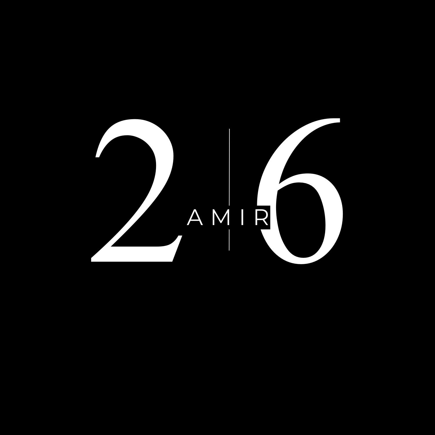 Minimalist black background with white numbers 2 and 6, separated by a vertical line and the word AMIR.