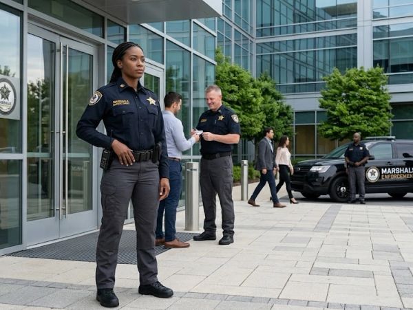 Marshal officers working outside a modern building.
