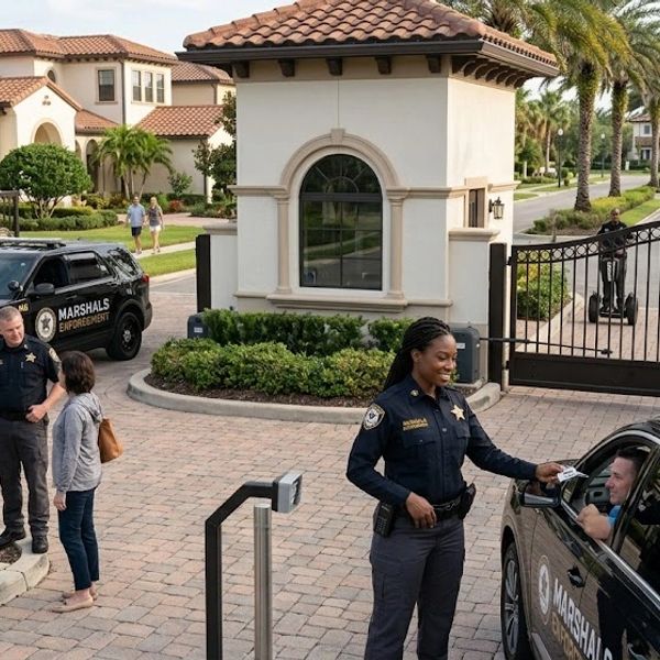 Police officers at a gated entrance checking IDs.
