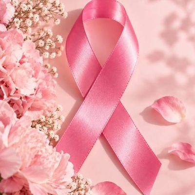 Pink ribbon surrounded by pink flowers.
