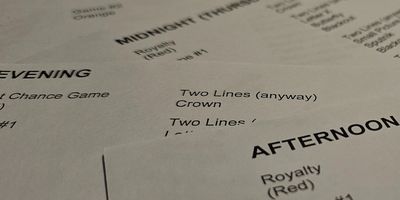 Close-up of printed schedules with sections for evening, midnight, and afternoon.