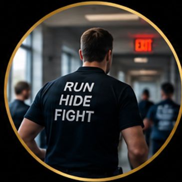Person wearing a shirt that says "RUN HIDE FIGHT" in a hallway.