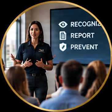 Woman giving a presentation on recognizing, reporting, and preventing.