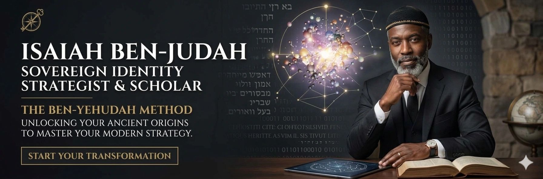 A professional banner featuring scholar and strategist Isaiah Ben-Judah sitting at a desk with an op