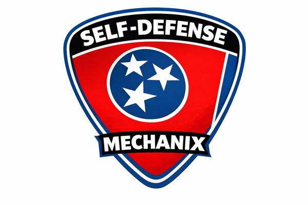 Red and blue shield logo with stars and text for self-defense Mechanix.