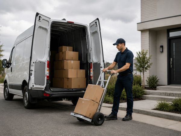 Delivery man loading boxes into a white van outside a house.