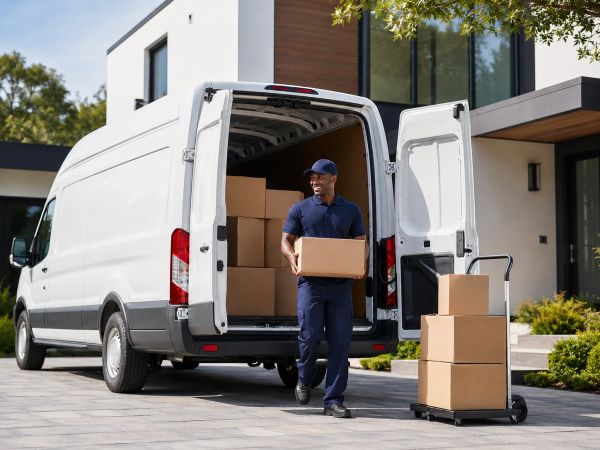 Delivery man unloading boxes from a white van at a modern house.