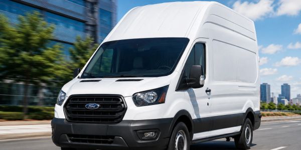White Ford cargo van driving on a city street.