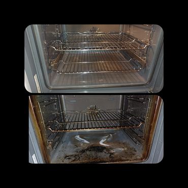 Top image shows a clean oven; bottom image shows a dirty oven.