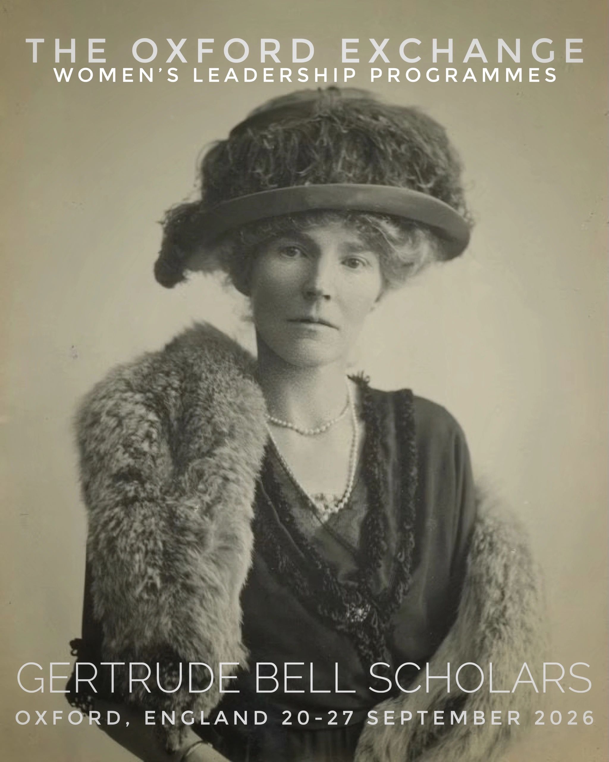 Vintage portrait of a woman promoting Oxford's women's leadership programme.