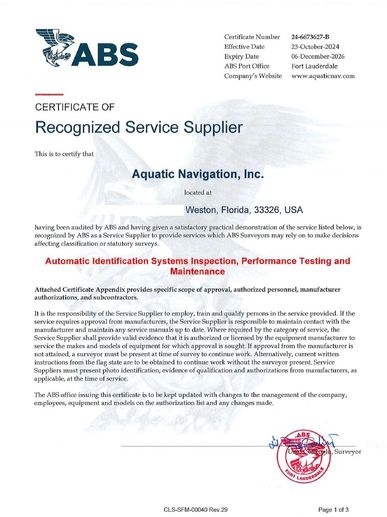 ABS certificate of AIS inspection, performance testing and maintenance for Aquatic Navigation