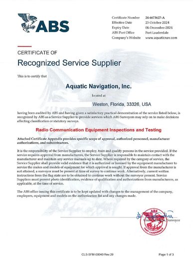 ABS Recognized Service Supplier certificate for radio communication equipment inspection and testing