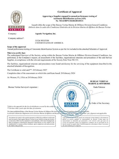 Bureau Veritas AIS annual testing certificate for Aquatic Navigation