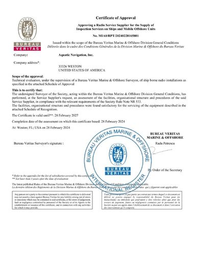 Bureau Veritas Radio Service Supplier certificate for Aquatic Navigation