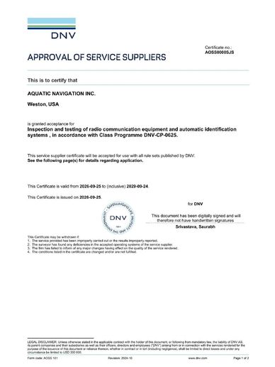 DNV Approval of Service Supplier certificate for Aquatic Navigation