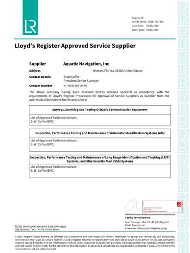 Lloyd's Register Approved Service Supplier certificate for Aquatic Navigation