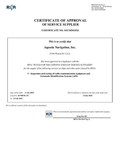 RINA Service Supplier certificate for Aquatic Navigation