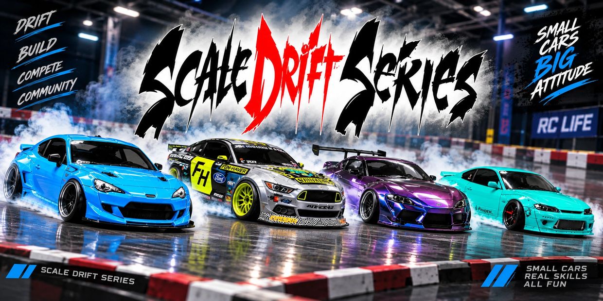 Four vibrant drift cars in a racing arena with Scale Drift Series logo.