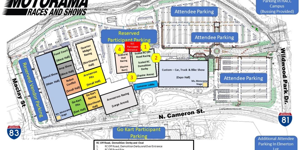 Map layout of Motorama Races and Shows with parking and event areas.