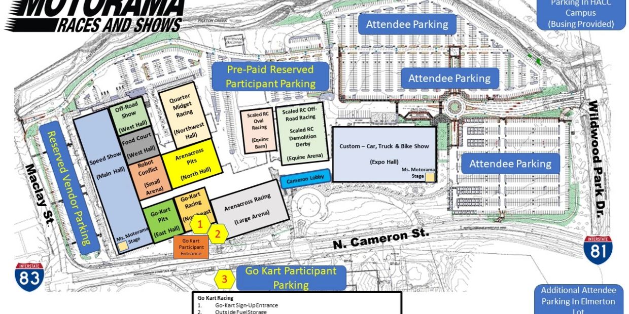 Map of Motorama Races and Shows with designated parking and event areas.