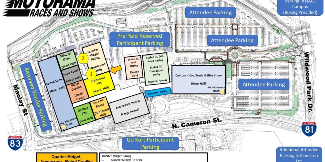 Map of Motorama Races and Shows layout with parking and event areas.