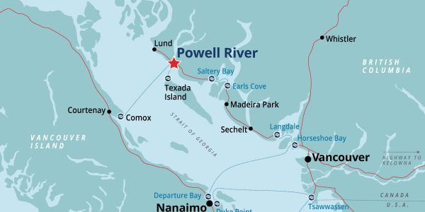 Map showing Powell River and surrounding areas in British Columbia, Canada.