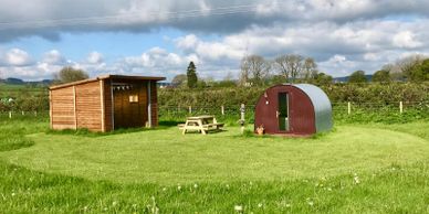 View of little barn eco pod picnic bench and kitchen shelter