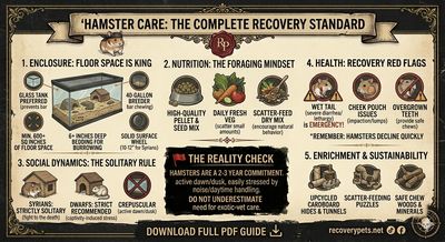 Guide on hamster care covering enclosure, nutrition, health, social dynamics, reality check, and enrichment.
