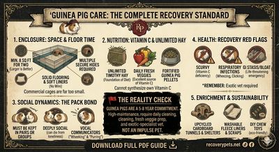 Infographic detailing complete care standards for guinea pig recovery.