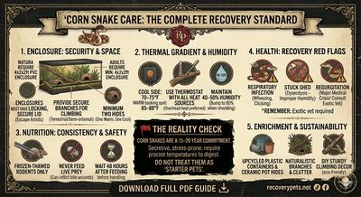 Infographic detailing complete corn snake care from enclosure to enrichment.