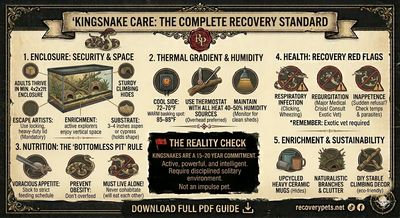 Infographic on Kingsnake care covering enclosure, temperature, health, nutrition, and enrichment.
