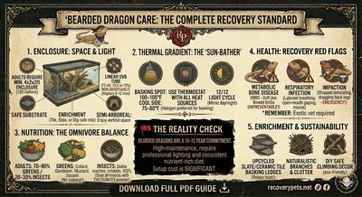 Bearded dragon care guide covering enclosure, temperature, diet, health, and enrichment tips.