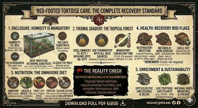Infographic on red-footed tortoise care covering habitat, nutrition, health, and sustainability.