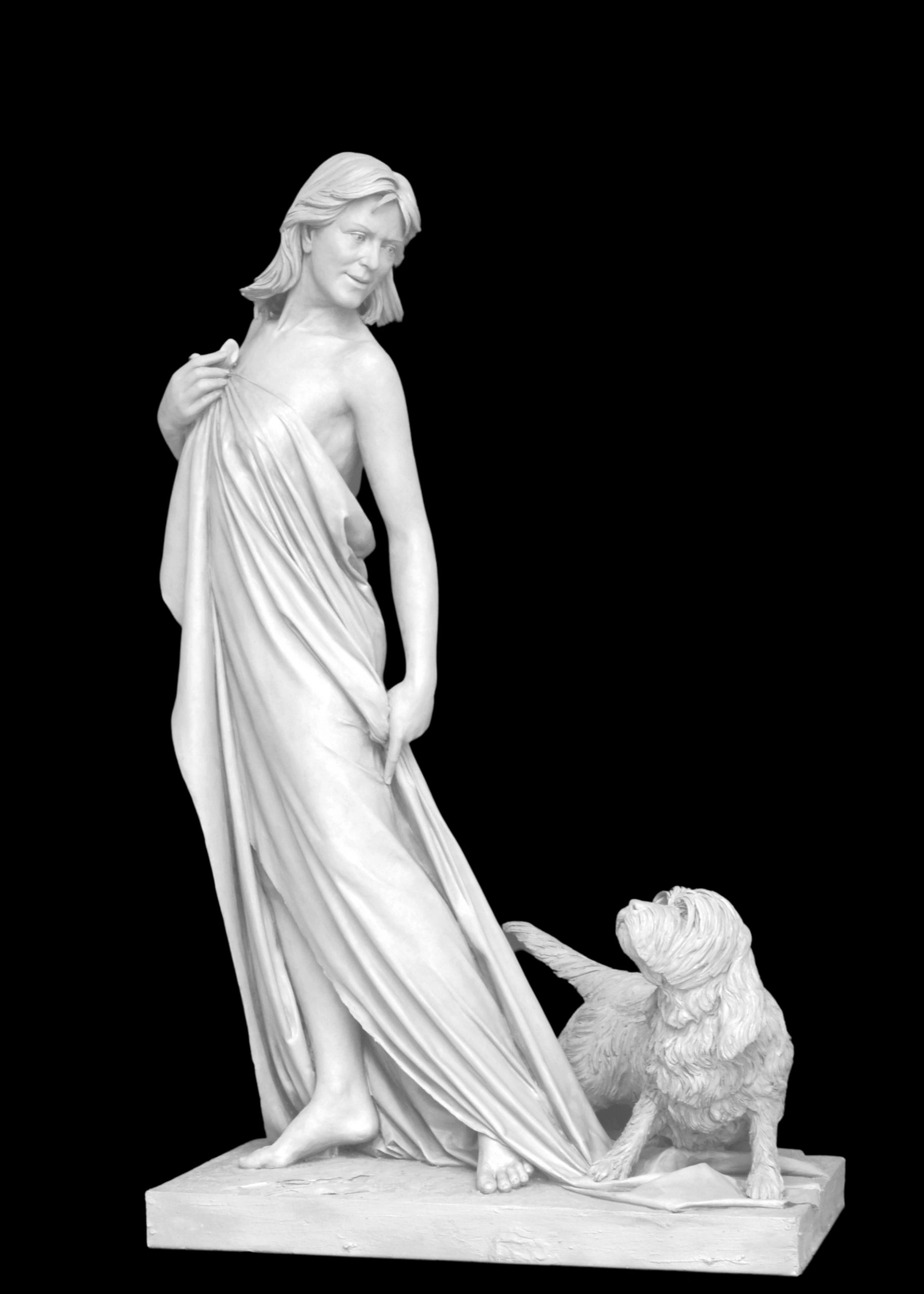 Marble sculpture of a woman and her dog created by Marcello Giorgi
