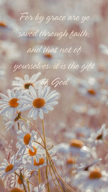Dew-covered daisies with a faith-inspired quote about grace and salvation.