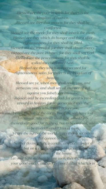 Scripture text overlay on a serene coastal scene with salt formations.