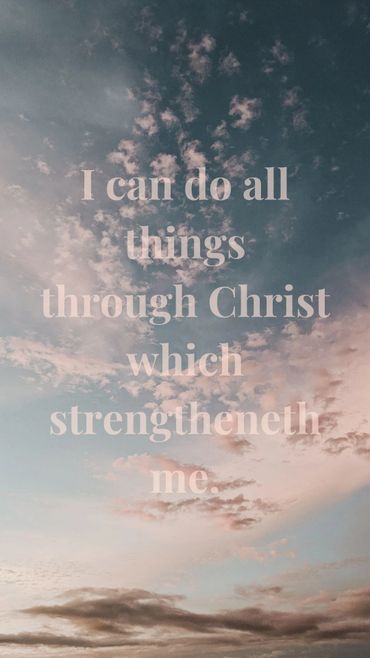 Inspirational quote about strength through Christ against a serene sky backdrop.
