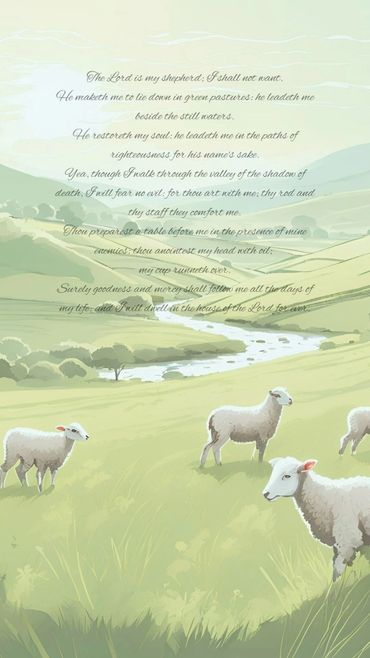Peaceful pastoral scene with sheep and a Bible verse from Psalm 23.