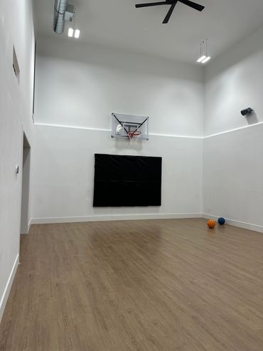 Indoor basketball court with hardwood floor and two basketballs.