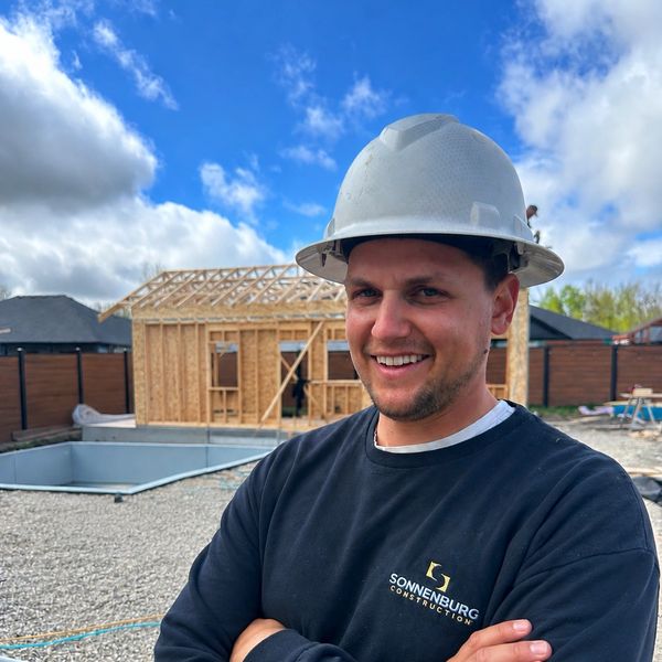 Smiling construction worker in a hard hat at a building site under a blue sky.