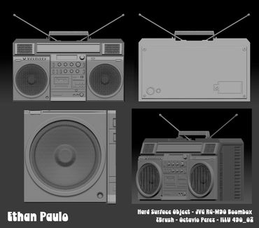 A hard surface boombox modeled in Zbrush.