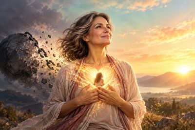 Woman radiates light with a glowing figure inside her heart.