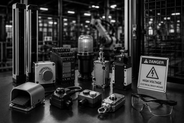 Industrial safety and control equipment with high voltage warning sign.