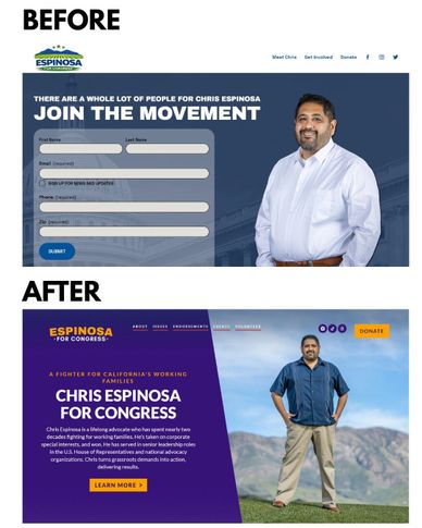 Before and after redesigns of Chris Espinosa's campaign website showing a form and a modern landing page.