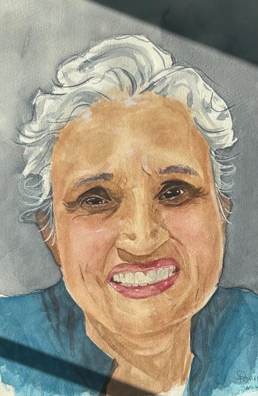 Watercolor portrait of an elderly woman with white hair and a warm smile.